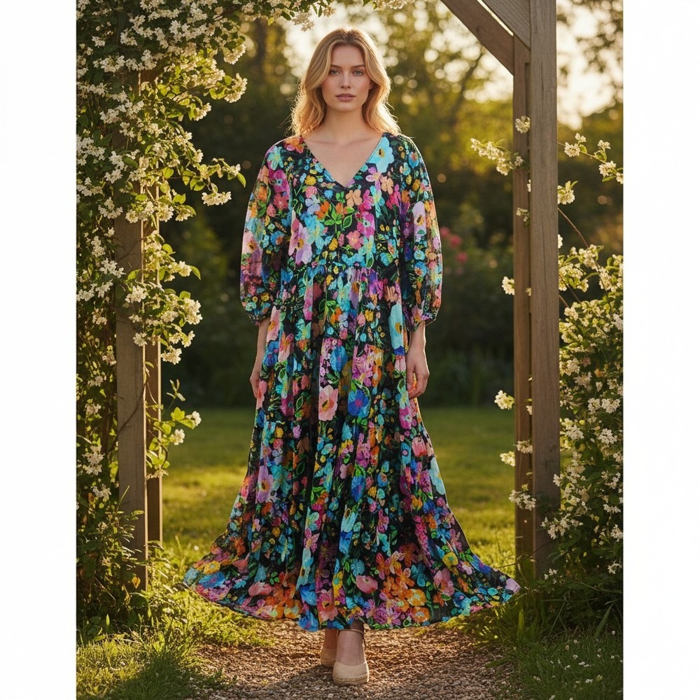 Johnny Was Wild Blooms Dolman Tiered Colorful Maxi Dress Flowy Floral Medium NWT